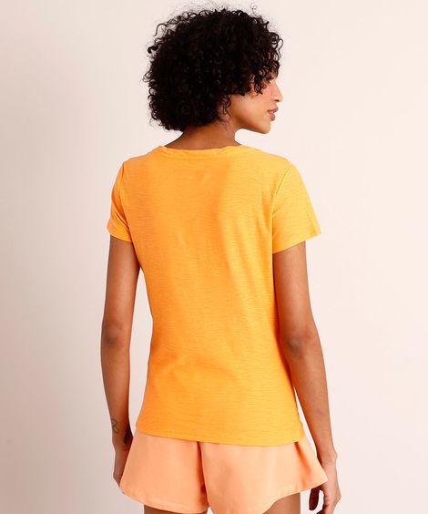 Camiseta Flamê de Algodão Básica Manga Curta Decote V  Laranja Neon