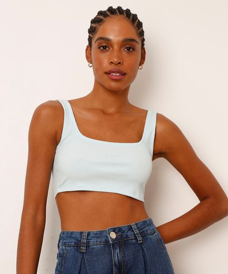 Regata Cropped Canelada Alça Média Decote Reto Azul Claro