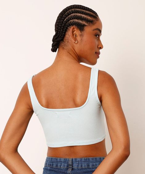Regata Cropped Canelada Alça Média Decote Reto Azul Claro