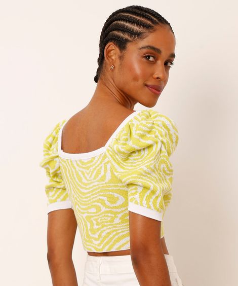 Blusa Cropped de Tricô Estampada Psicodélica com Franzido Manga Bufante Decote Princesa Verde