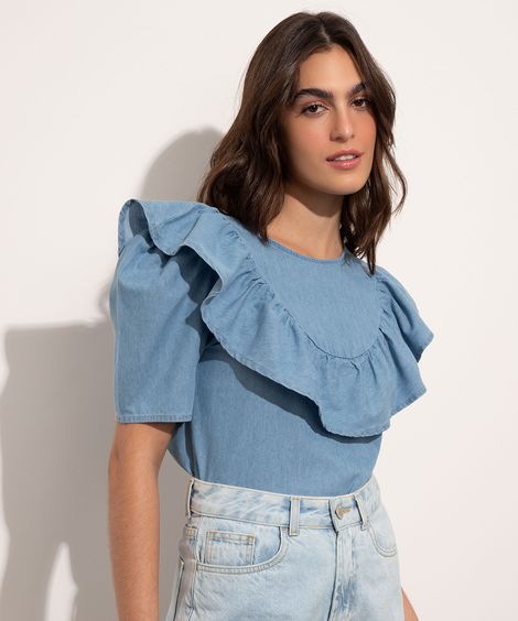 Blusa Jeans com Babado Manga Curta Decote Redondo Mindset Azul Claro