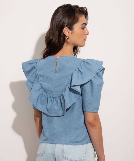 Blusa Jeans com Babado Manga Curta Decote Redondo Mindset Azul Claro