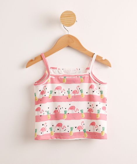 Regata Cropped Infantil Estampada Flamingos e Listras com Nó Multicor