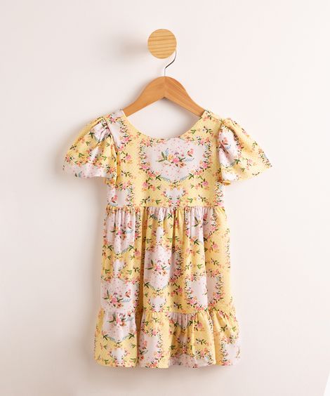Vestido Infantil de Viscose Estampado Floral com Recortes Manga Curta  Amarelo