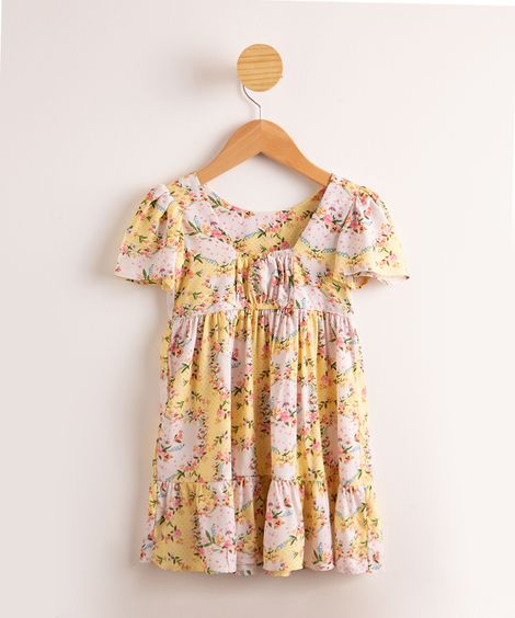 Vestido Infantil de Viscose Estampado Floral com Recortes Manga Curta  Amarelo