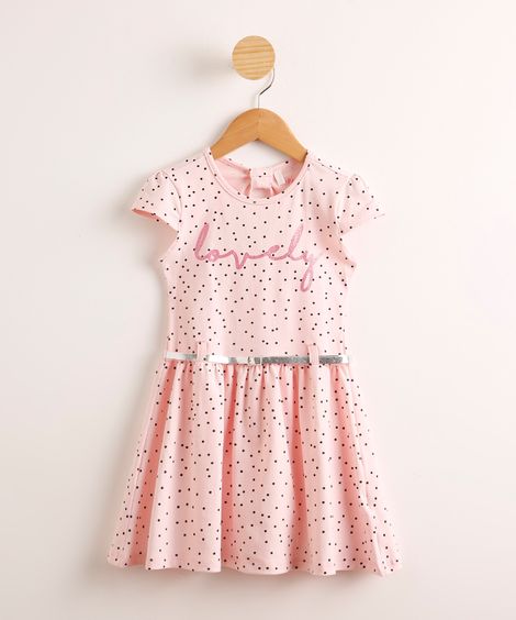 Vestido Infantil Estampado de Poá com Cinto Manga Curta Rosa Claro 1