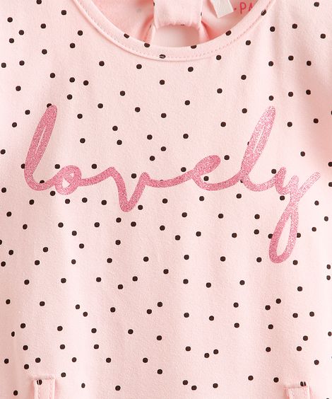 Vestido Infantil Estampado de Poá com Cinto Manga Curta Rosa Claro 1