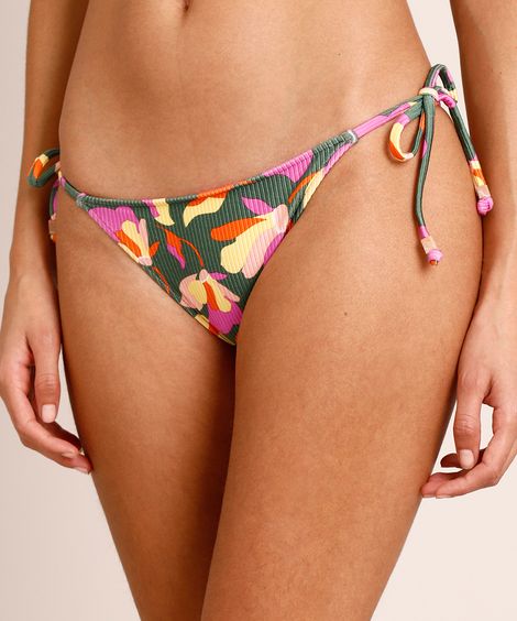 Biquíni Calcinha Tanga Estampada Floral com Amarração Proteção UV50+ Verde
