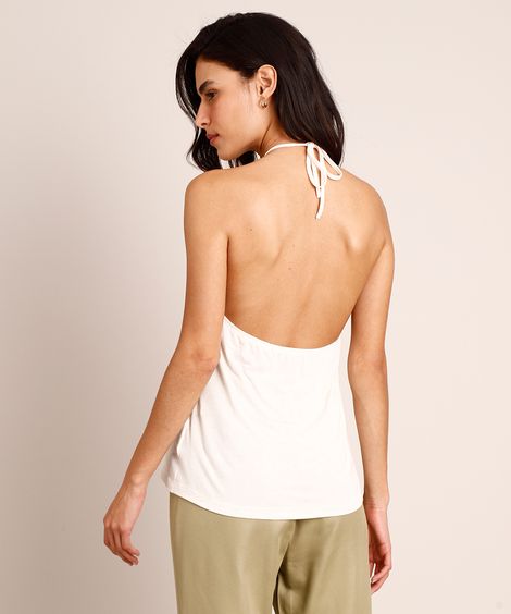 Regata Halter Neck com Linho e Aviamento Frente Única Branca