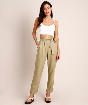 Calça Clochard de Viscose Cintura Super Alta com Faixa para Amarrar Verde