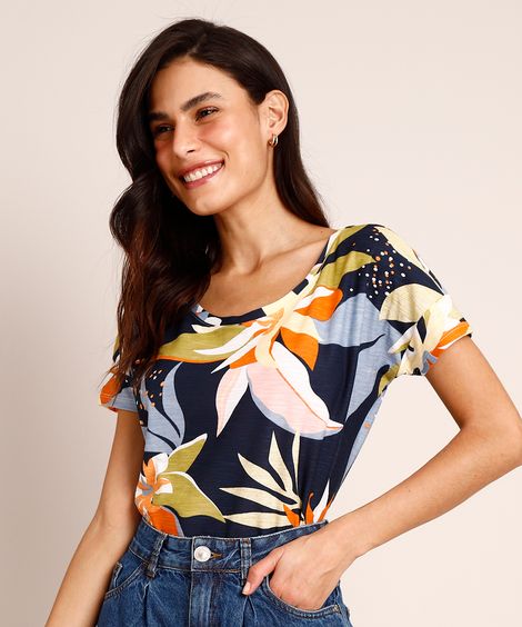 Camiseta de Algodão Flamê Estampada Floral Manga Curta Decote Redondo Azul Marinho