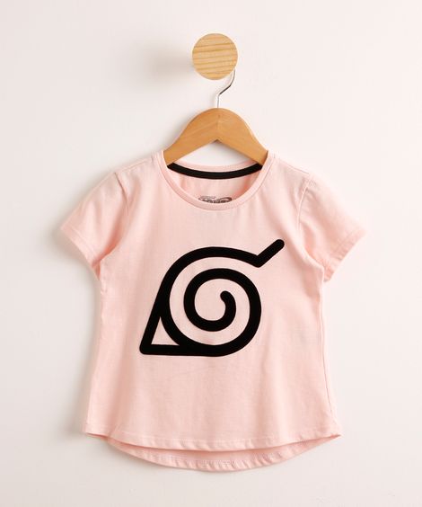 Blusa Infantil de Algodão Konoha Naruto Manga Curta Rosa Claro