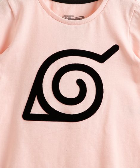 Blusa Infantil de Algodão Konoha Naruto Manga Curta Rosa Claro