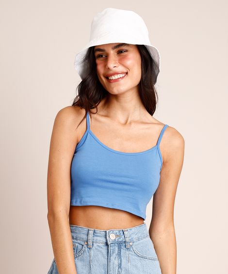 Regata Cropped Básica Alça Fina Decote Redondo Azul
