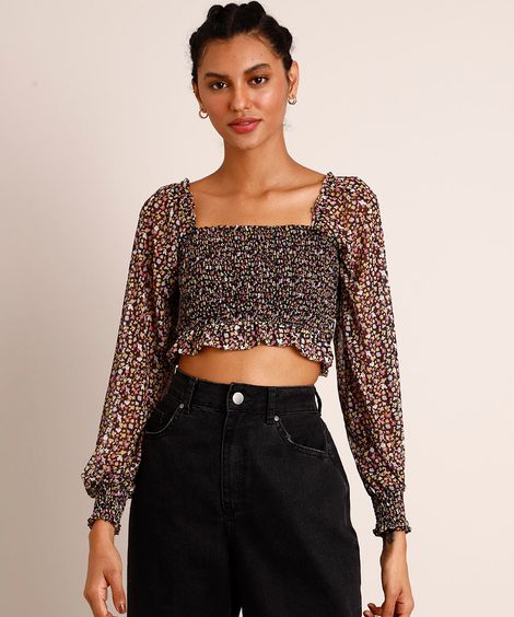 Blusa Cropped Tule Lastex Estampada Floral Manga Bufante Decote Reto Multicor