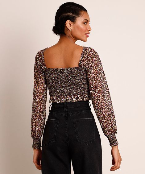 Blusa Cropped Tule Lastex Estampada Floral Manga Bufante Decote Reto Multicor