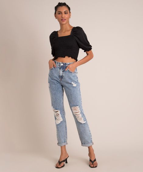 Calça Mom Jeans Marmorizada Destroyed Cintura Super Alta Azul Claro