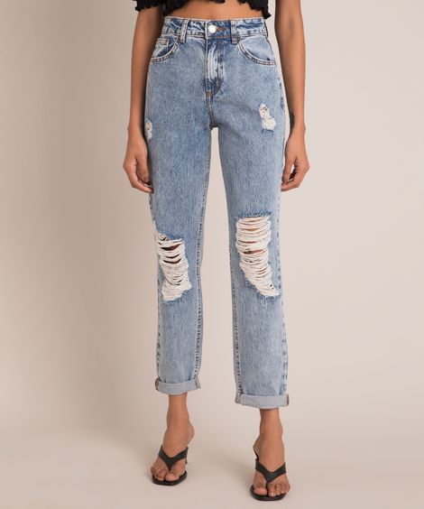 Calça Mom Jeans Marmorizada Destroyed Cintura Super Alta Azul Claro