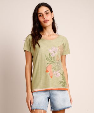 Camiseta de Algodão Flamê Estampa Floral Manga Curta Decote Redondo Verde Militar