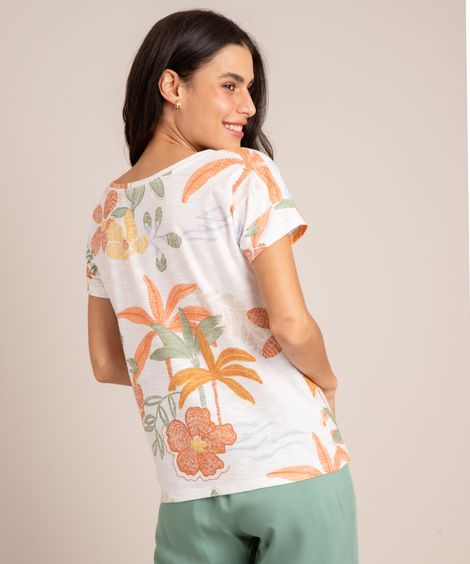 Camiseta de Flamê Estampada Floral Manga Curta Decote Redondo Off White
