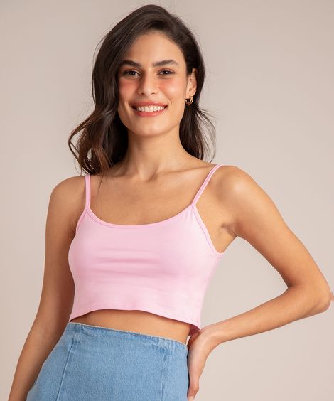 Regata Cropped Básica Alça Fina Decote Redondo Rosa