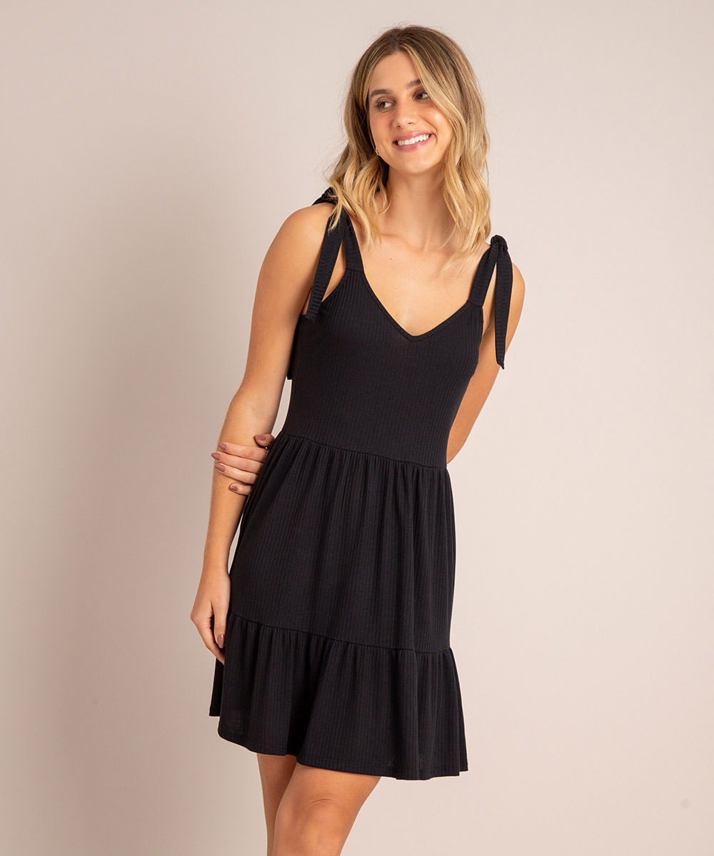 Vestido Curto Canelado com Recortes e Alça de Amarração Preto Menor preço em Vestido Curto Canelado com Recortes e Alça de Amarração Preto