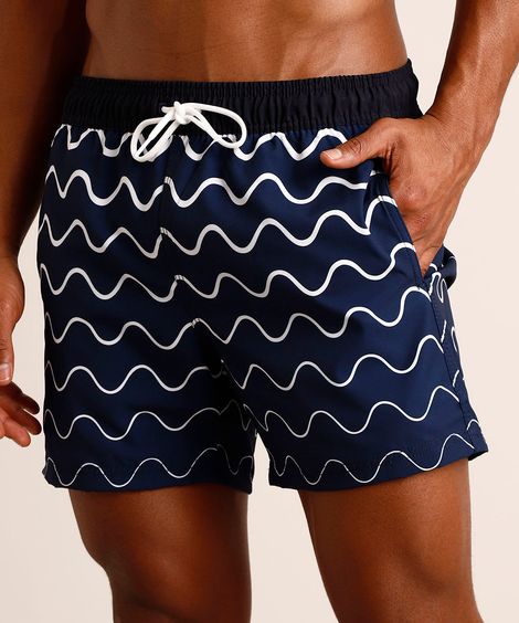 Short Estampado de Ondas com Cordão Azul Marinho