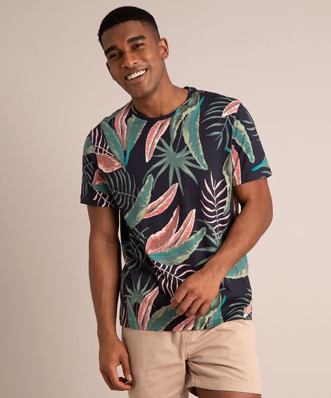 Camiseta de Algodão Estampada Floral Manga Curta Azul Marinho