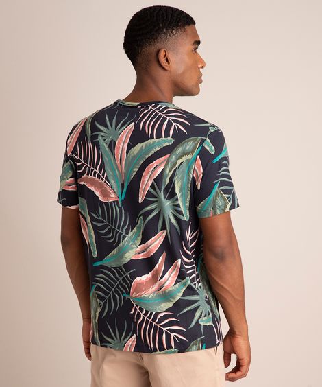 Camiseta de Algodão Estampada Floral Manga Curta Azul Marinho