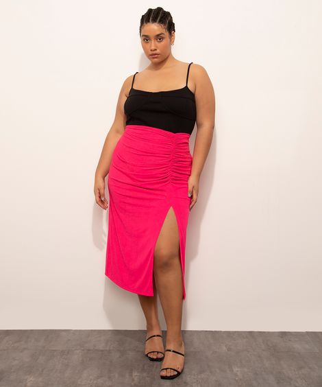 Saia Midi Plus Size Franzida com Fenda Mindset Pink
