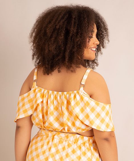 Blusa Cropped Plus Size de Viscose Estampada Xadrez Vichy Open Shoulder Manga Bufante Decote Reto Laranja
