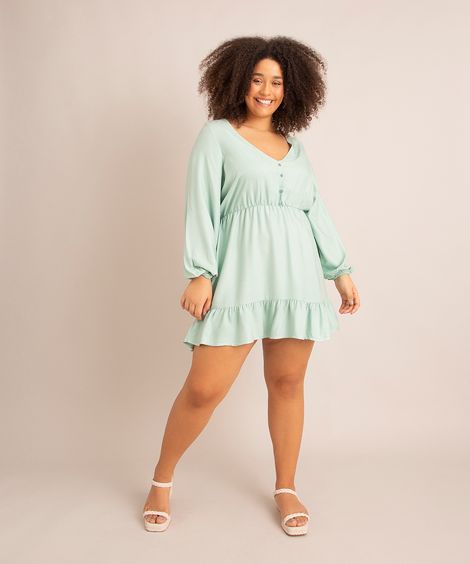 Vestido Curto Plus Size de Viscose Manga Longa Verde Claro