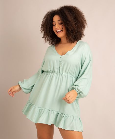 Vestido Curto Plus Size de Viscose Manga Longa Verde Claro