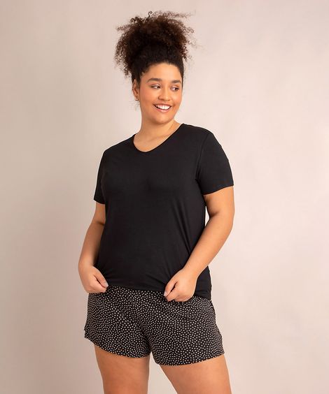 Pijama Manga Curta Plus Size Estampado Mini Print Corações Preto