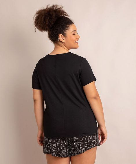 Pijama Manga Curta Plus Size Estampado Mini Print Corações Preto