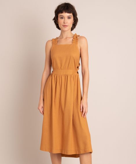 Vestido Midi de Linho Alça Larga com Babado Decote Reto Caramelo