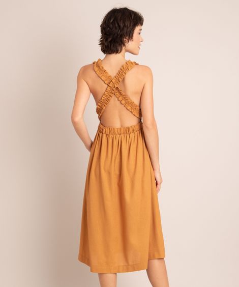 Vestido Midi de Linho Alça Larga com Babado Decote Reto Caramelo