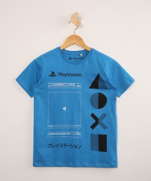 Camiseta Juvenil de Algodão PlayStation Manga Curta Azul