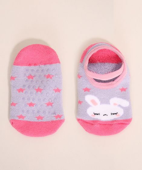 Meia Infantil Sapatilha com Elástico Coelho e Estrelas Antiderrapante Rosa