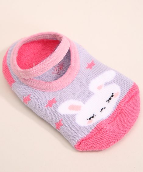 Meia Infantil Sapatilha com Elástico Coelho e Estrelas Antiderrapante Rosa