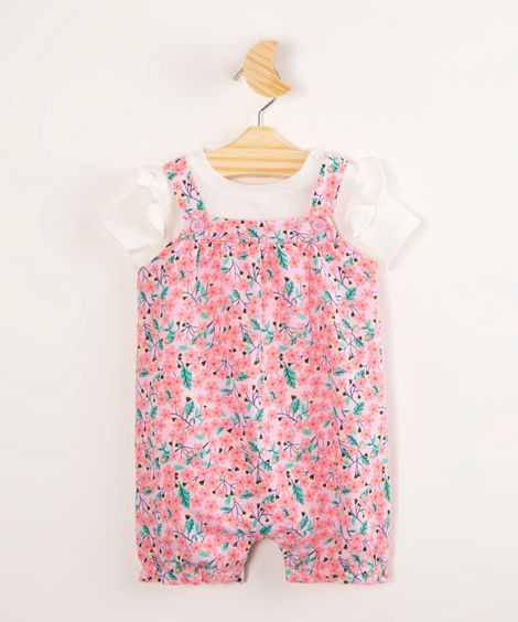 Macaquinho Infantil de Moletom Estampado Floral + Blusa de Algodão Rosa