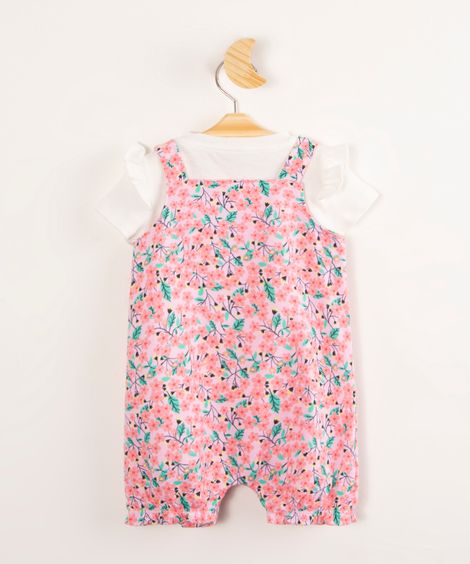 Macaquinho Infantil de Moletom Estampado Floral + Blusa de Algodão Rosa
