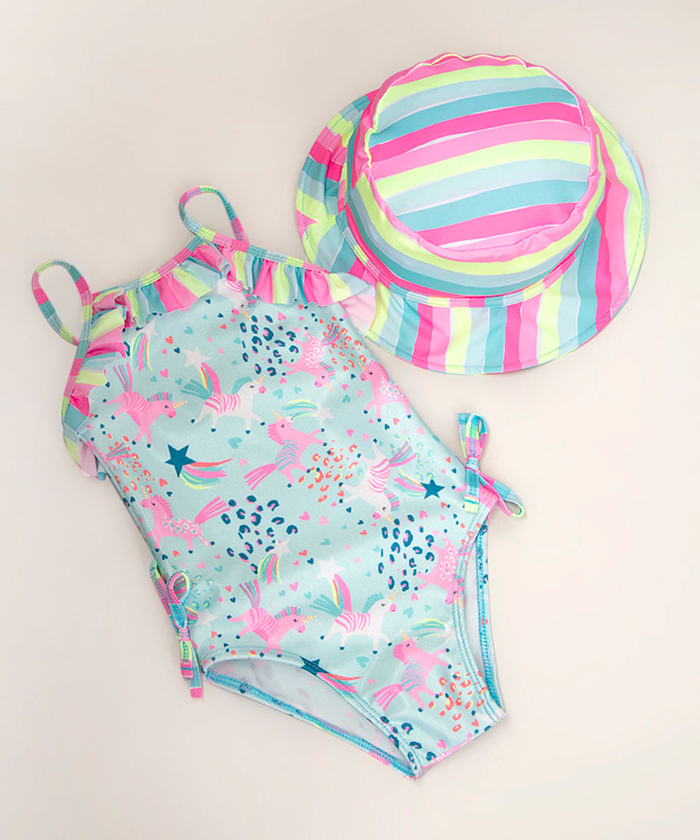 Maiô Infantil Estampado Unicórnios com Babados Azul + Bucket Hat Listrado Multicor Menor preço em Maiô Infantil Estampado Unicórnios com Babados Azul + Bucket Hat Listrado Multicor