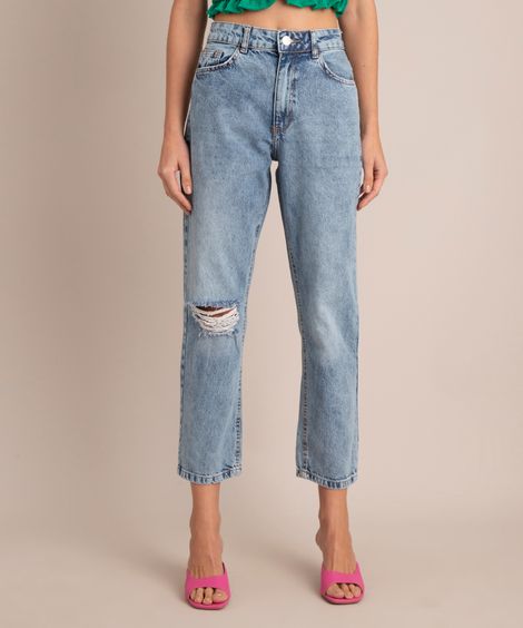 Calça Reta Cropped Jeans Marmorizada Destroyed Cintura Super Alta Azul Claro