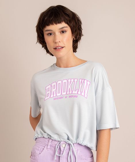 Blusa Cropped de Viscose Mickey Mouse com Amarração Manga Curta Decote Redondo  Azul Claro
