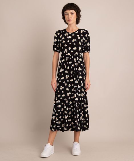 Vestido Midi Estampado Floral Manga Curta Decote Redondo com Recorte  Preto