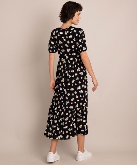 Vestido Midi Estampado Floral Manga Curta Decote Redondo com Recorte  Preto