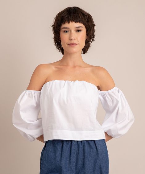 Blusa Cropped Manga Bufante Decote Ombro a Ombro  Branca