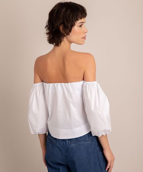 Blusa Cropped Manga Bufante Decote Ombro a Ombro  Branca