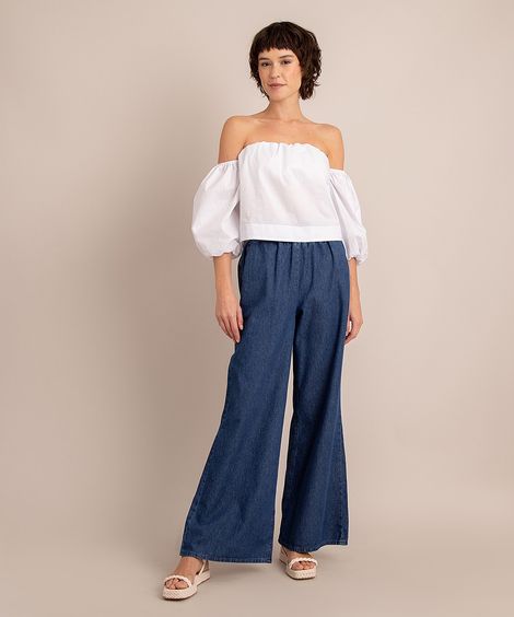 Calça Jeans Pantalona Wide Clochard Cintura Alta Alfaiatada  Azul Médio